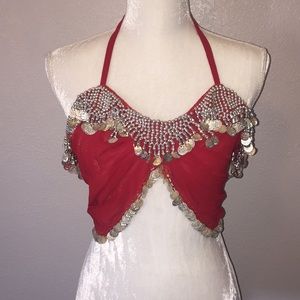 Metal coin and plastic bead sheer halter top